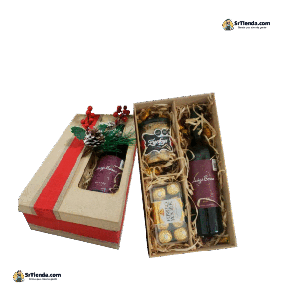 Caja de regalo con vino tinto, frasco de galletas y chocolates Turin