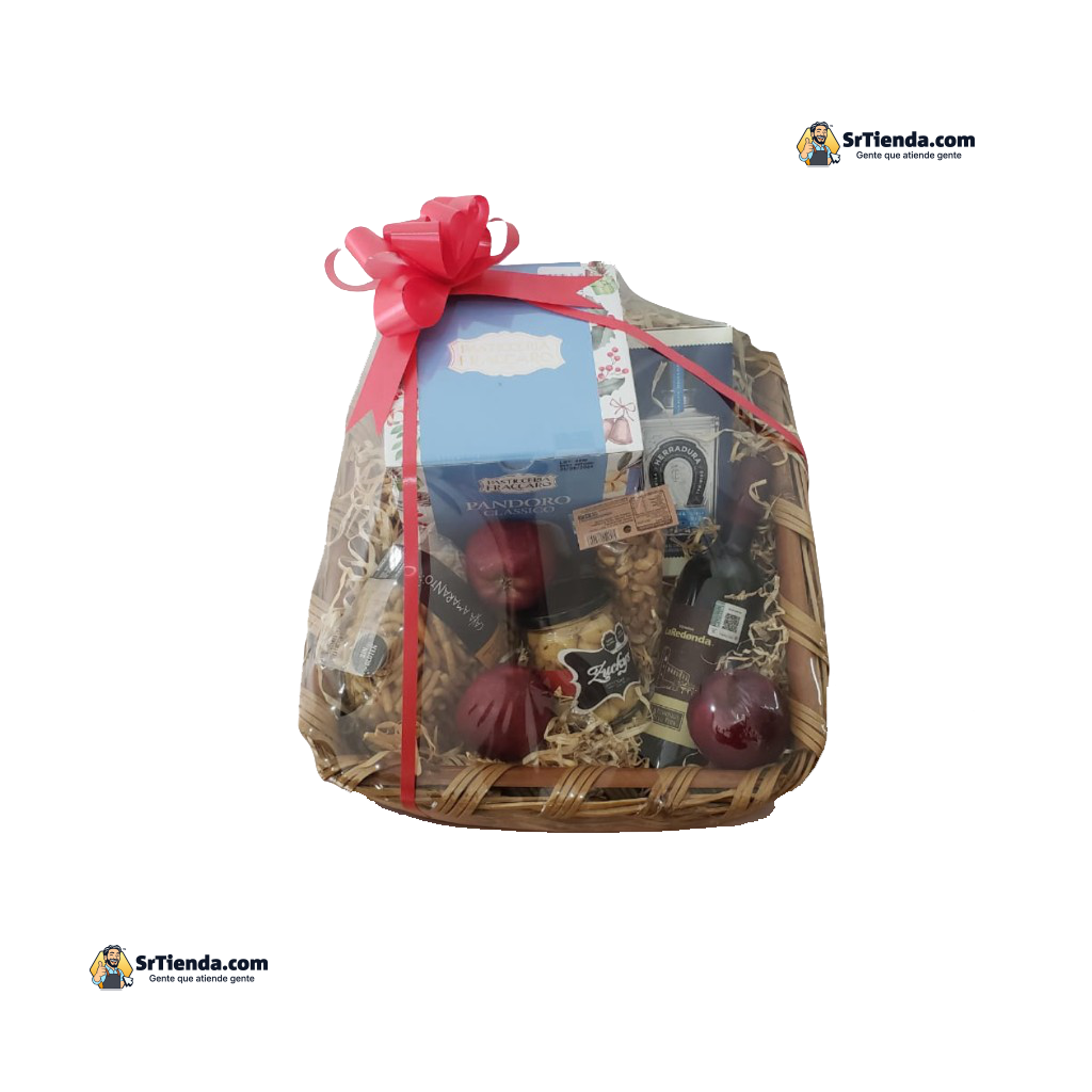Venta de canasto empresarial con pandoro, tequila y vino tinto