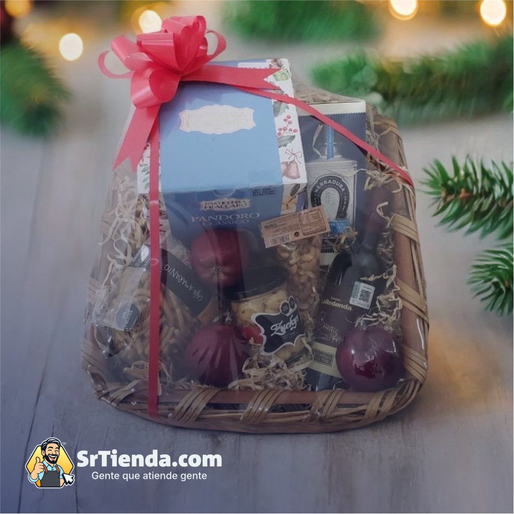 Venta de canasto empresarial con pandoro, tequila y vino tinto