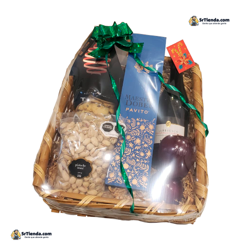 Canasto empresarial con tequila Maestro Dobel Pavito y lambrusco